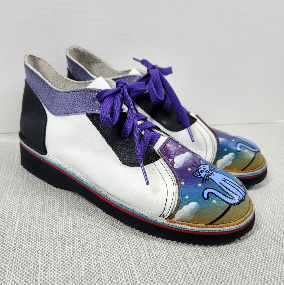Soletech size 9 lace up leather shoes hand painted cat multicolor